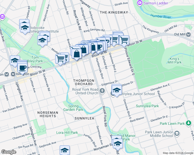 map of restaurants, bars, coffee shops, grocery stores, and more near 889 Royal York Road in Toronto
