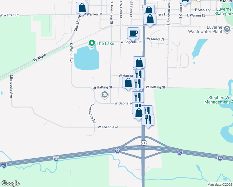 map of restaurants, bars, coffee shops, grocery stores, and more near 503 West Hatting Street in Luverne