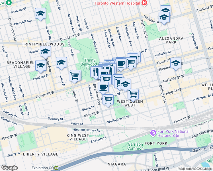 map of restaurants, bars, coffee shops, grocery stores, and more near in Toronto