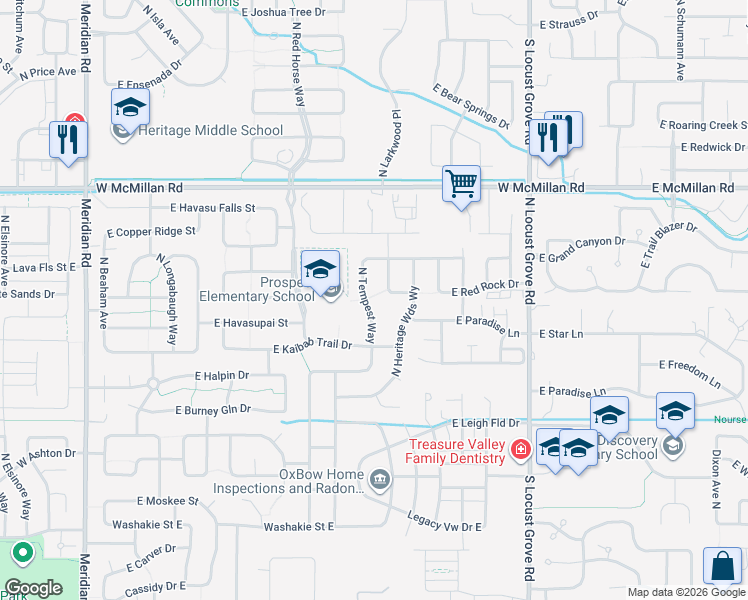 map of restaurants, bars, coffee shops, grocery stores, and more near 4450 North Mooney Falls Way in Meridian