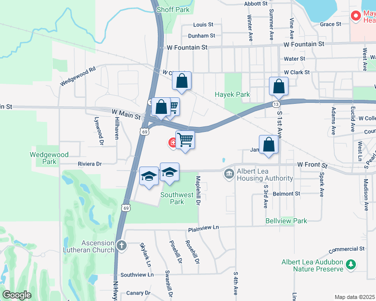 map of restaurants, bars, coffee shops, grocery stores, and more near 1615 West Main Street in Albert Lea