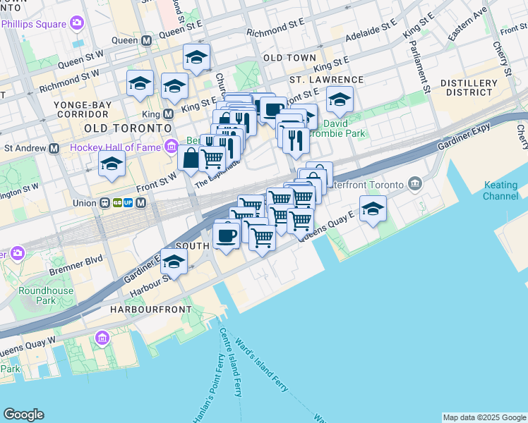 map of restaurants, bars, coffee shops, grocery stores, and more near 55 Cooper Street in Toronto