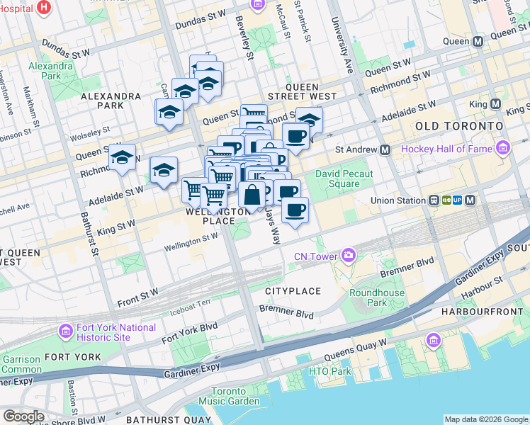 map of restaurants, bars, coffee shops, grocery stores, and more near in Toronto