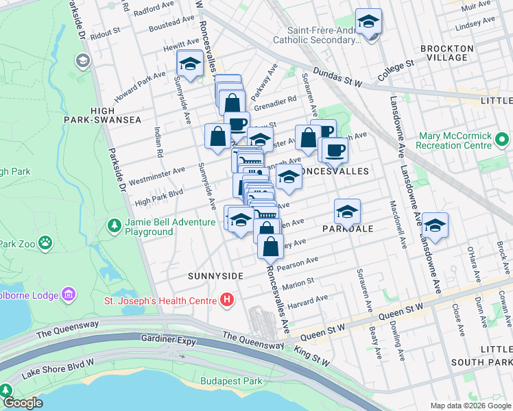 map of restaurants, bars, coffee shops, grocery stores, and more near 185 Roncesvalles Avenue in Toronto