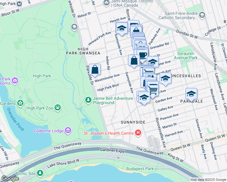 map of restaurants, bars, coffee shops, grocery stores, and more near 152 Indian Road in Toronto