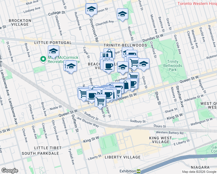 map of restaurants, bars, coffee shops, grocery stores, and more near in Toronto