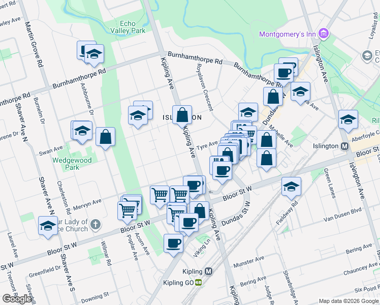 map of restaurants, bars, coffee shops, grocery stores, and more near 1016 Kipling Avenue in Toronto