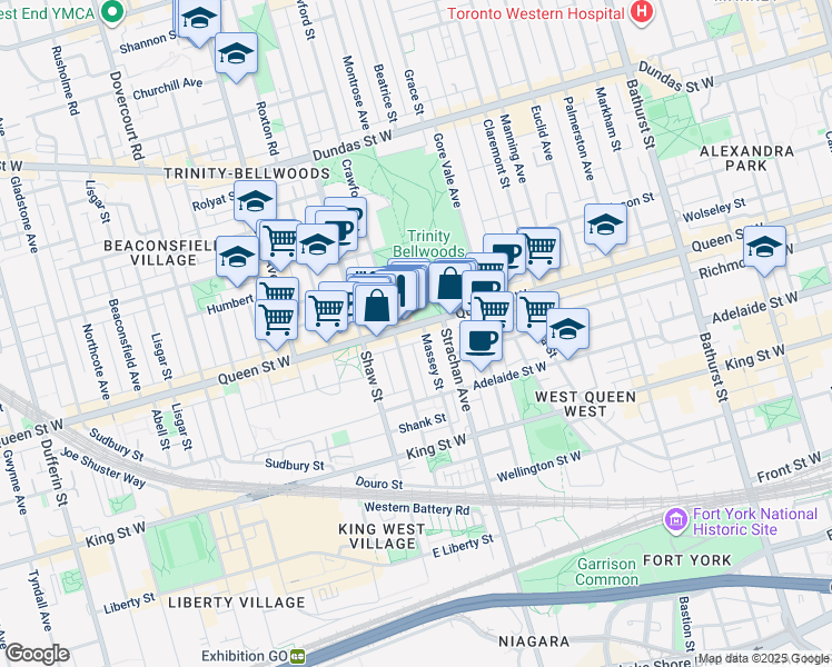 map of restaurants, bars, coffee shops, grocery stores, and more near 955 Queen Street West in Toronto