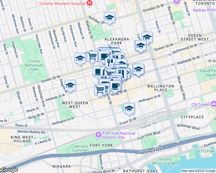 map of restaurants, bars, coffee shops, grocery stores, and more near 111 Bathurst Street in Toronto