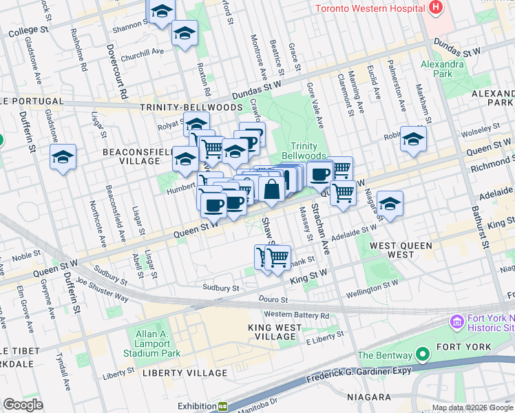 map of restaurants, bars, coffee shops, grocery stores, and more near 940A Queen Street West in Toronto