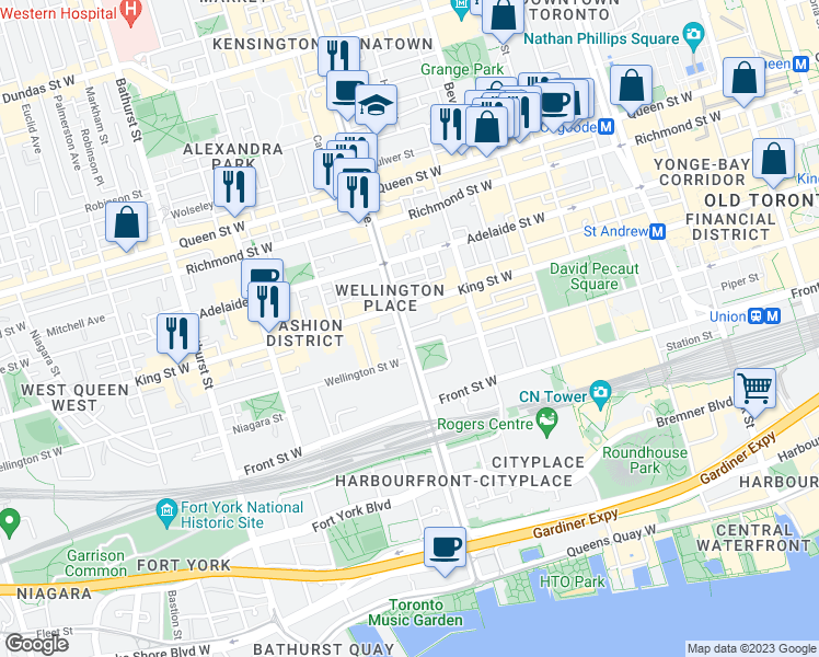 map of restaurants, bars, coffee shops, grocery stores, and more near 57 Spadina Avenue in Toronto