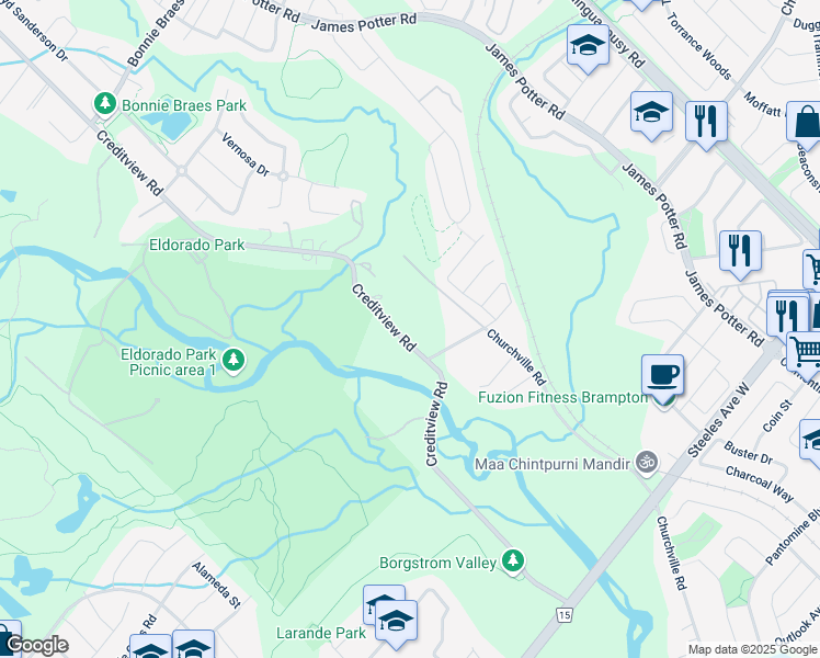 map of restaurants, bars, coffee shops, grocery stores, and more near 8297 Creditview Road in Brampton
