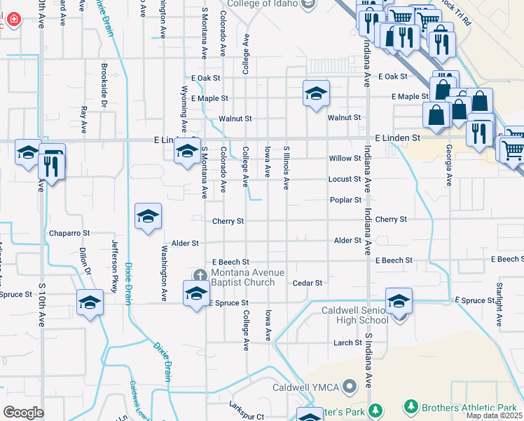 map of restaurants, bars, coffee shops, grocery stores, and more near 2717 Iowa Avenue in Caldwell