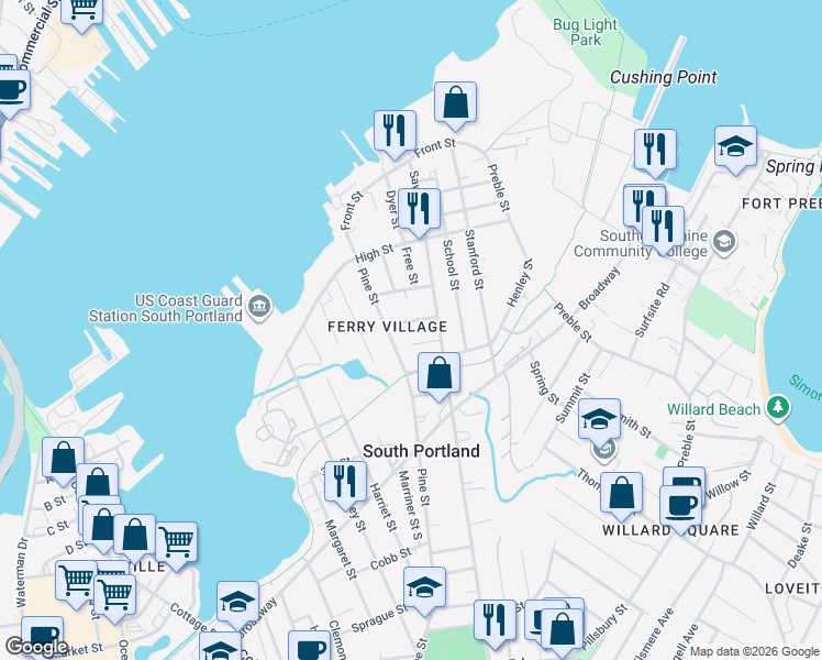 map of restaurants, bars, coffee shops, grocery stores, and more near in South Portland