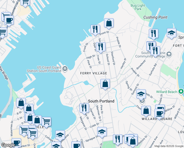 map of restaurants, bars, coffee shops, grocery stores, and more near in South Portland