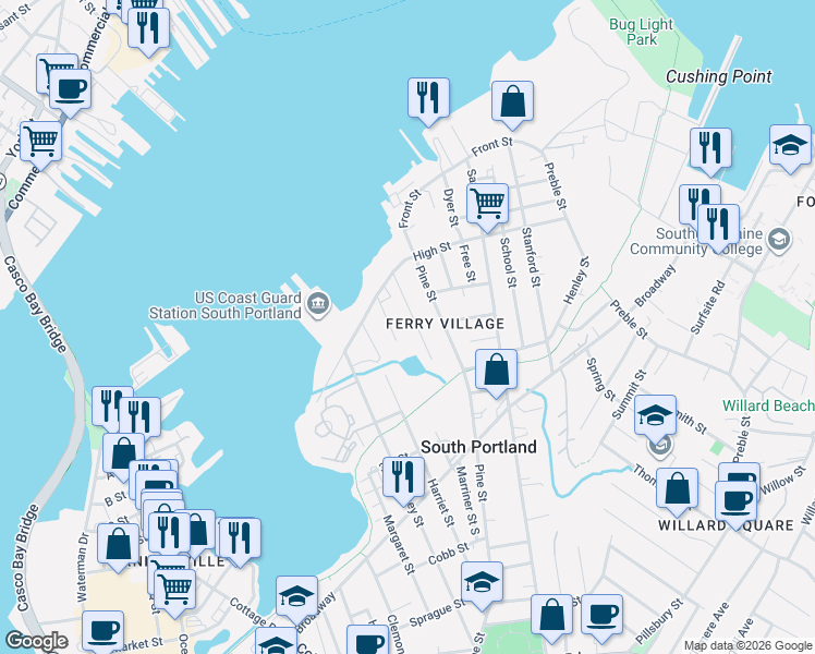 map of restaurants, bars, coffee shops, grocery stores, and more near 34 Marriner Street North in South Portland
