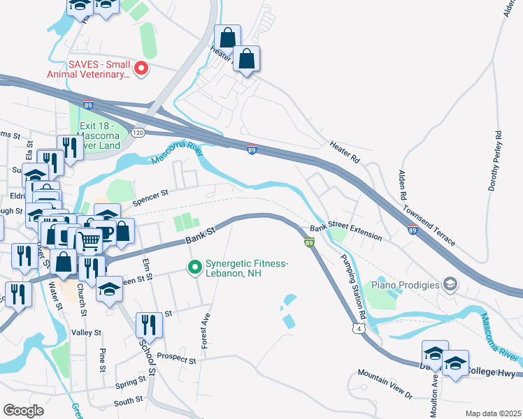 map of restaurants, bars, coffee shops, grocery stores, and more near 75 Spencer Street in Lebanon