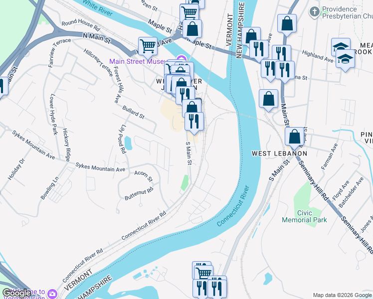 map of restaurants, bars, coffee shops, grocery stores, and more near 230 South Main Street in Hartford