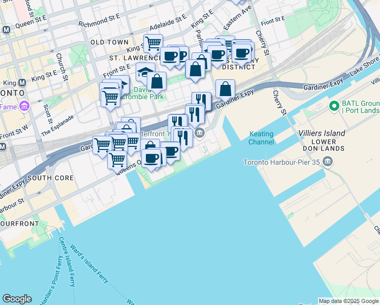 map of restaurants, bars, coffee shops, grocery stores, and more near in Toronto