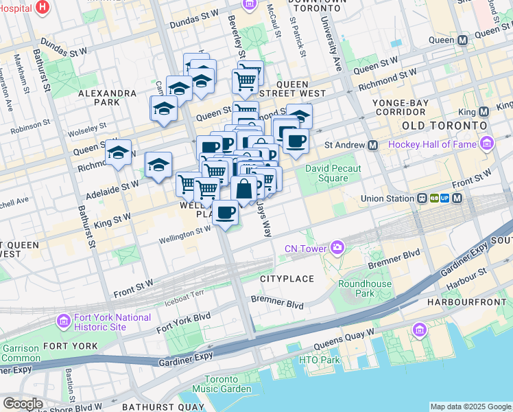 map of restaurants, bars, coffee shops, grocery stores, and more near in Toronto