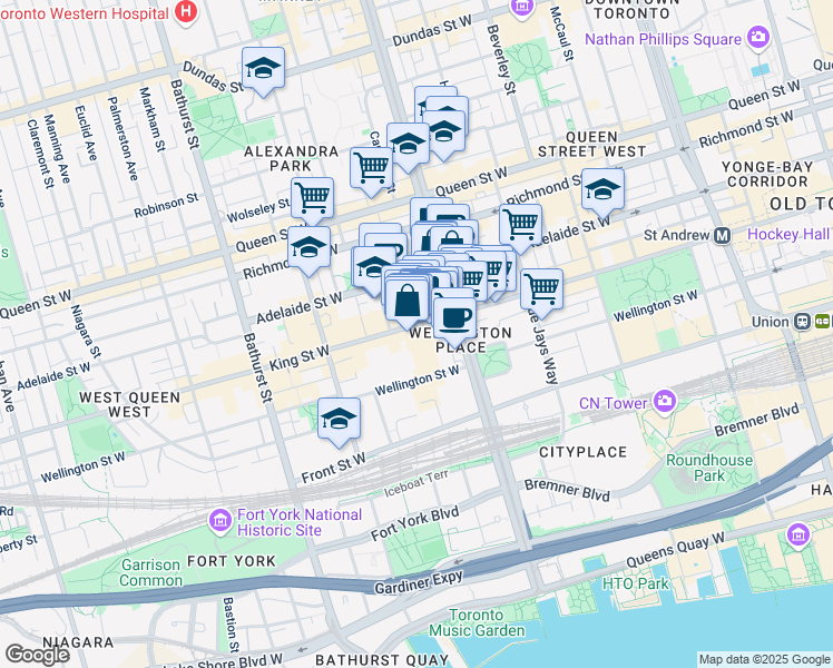map of restaurants, bars, coffee shops, grocery stores, and more near 461 King Street West in Toronto