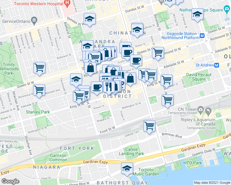 map of restaurants, bars, coffee shops, grocery stores, and more near 560 King Street West in Toronto