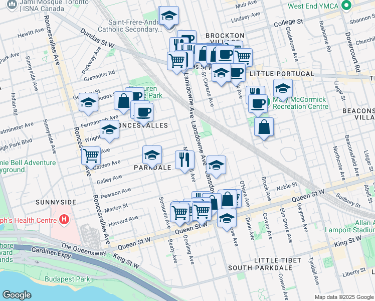 map of restaurants, bars, coffee shops, grocery stores, and more near in Toronto