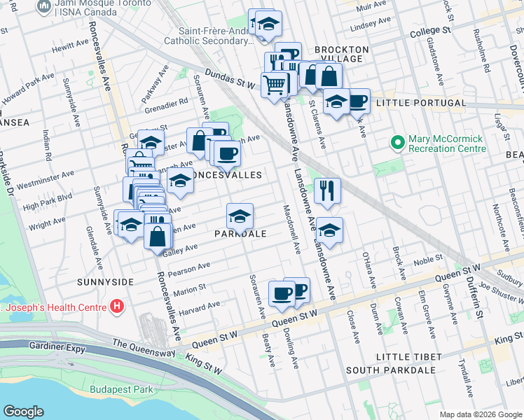 map of restaurants, bars, coffee shops, grocery stores, and more near in Toronto