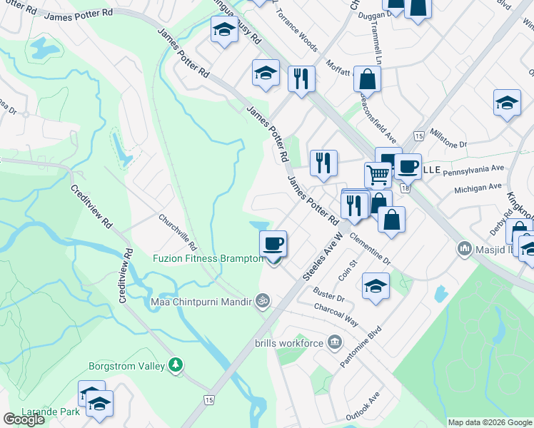 map of restaurants, bars, coffee shops, grocery stores, and more near in Brampton