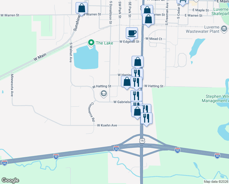 map of restaurants, bars, coffee shops, grocery stores, and more near 503 West Hatting Street in Luverne