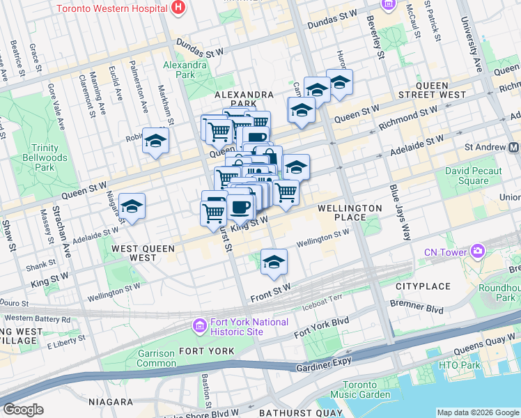 map of restaurants, bars, coffee shops, grocery stores, and more near 620 King Street West in Toronto
