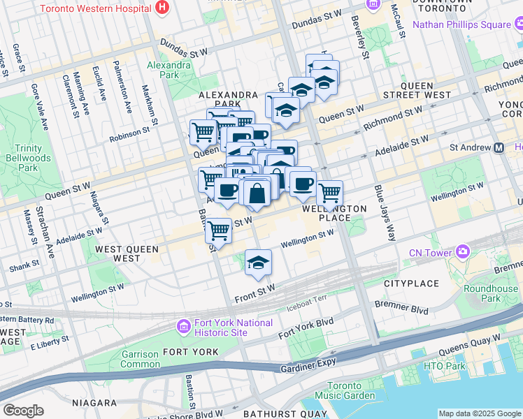 map of restaurants, bars, coffee shops, grocery stores, and more near 556 King Street West in Toronto