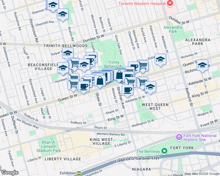map of restaurants, bars, coffee shops, grocery stores, and more near 953A Queen Street West in Toronto