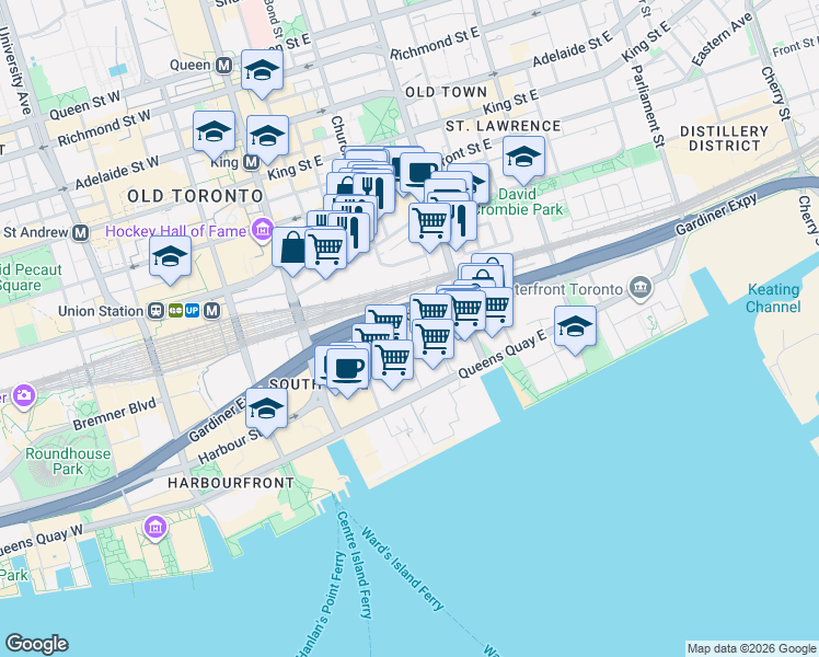 map of restaurants, bars, coffee shops, grocery stores, and more near 55 Cooper Street in Toronto