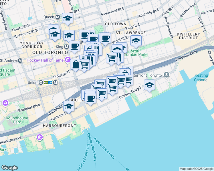 map of restaurants, bars, coffee shops, grocery stores, and more near 55 Cooper Street in Toronto