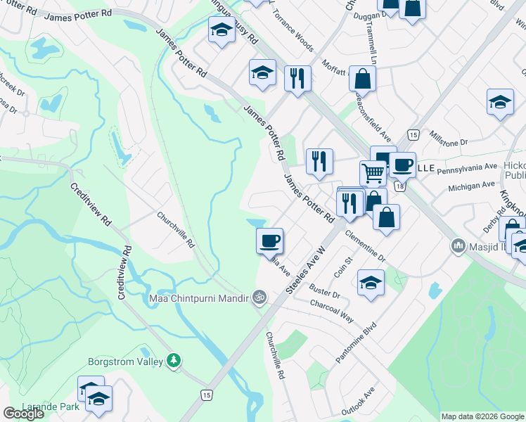 map of restaurants, bars, coffee shops, grocery stores, and more near 80 Tatra Crescent in Brampton