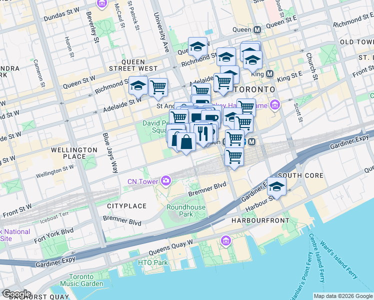 map of restaurants, bars, coffee shops, grocery stores, and more near 180 Front Street West in Toronto