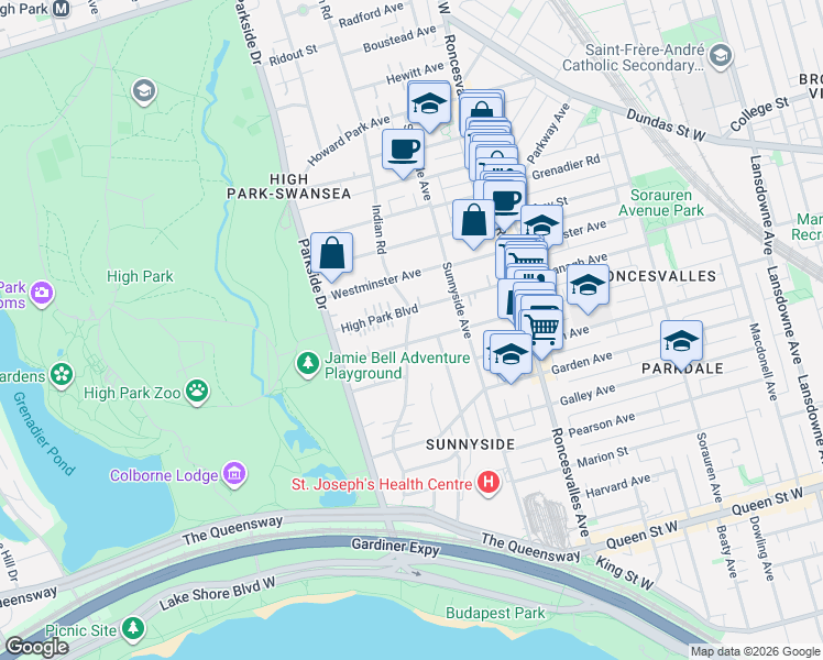map of restaurants, bars, coffee shops, grocery stores, and more near 151 Indian Road in Toronto