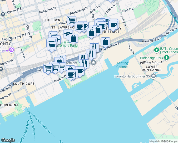 map of restaurants, bars, coffee shops, grocery stores, and more near 49 Merchants' Wharf in Toronto