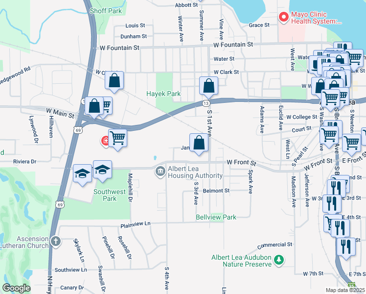 map of restaurants, bars, coffee shops, grocery stores, and more near 1102 Janson Street in Albert Lea