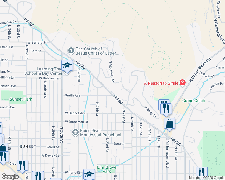 map of restaurants, bars, coffee shops, grocery stores, and more near 2855 North Mountain Road in Boise