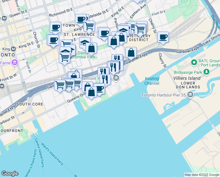 map of restaurants, bars, coffee shops, grocery stores, and more near 1 Edgewater Drive in Toronto