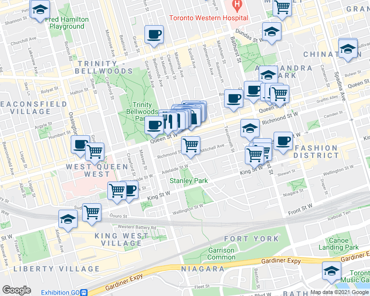 map of restaurants, bars, coffee shops, grocery stores, and more near 800 Richmond Street West in Toronto