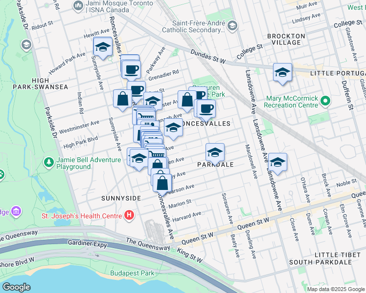 map of restaurants, bars, coffee shops, grocery stores, and more near 121 Fern Avenue in Toronto