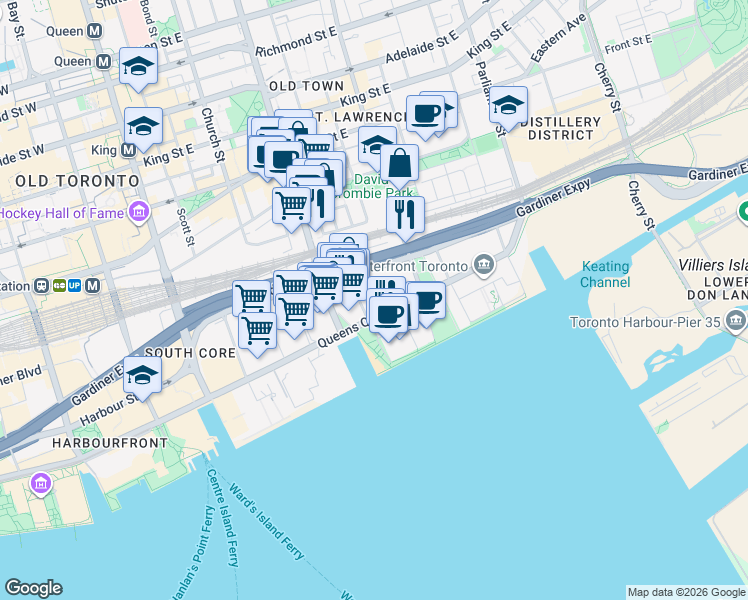 map of restaurants, bars, coffee shops, grocery stores, and more near 162 Queens Quay East in Toronto