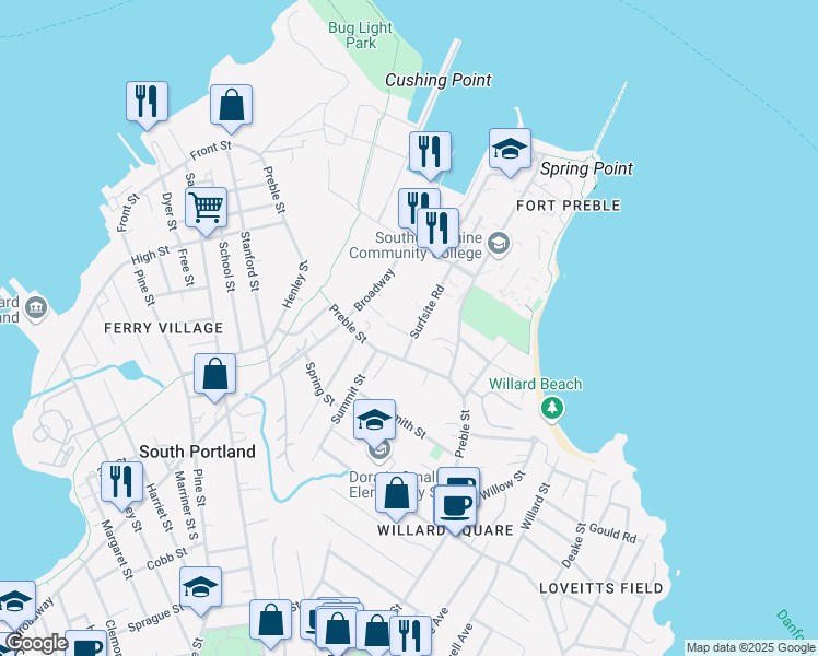 map of restaurants, bars, coffee shops, grocery stores, and more near 10 Surfsite Road in South Portland