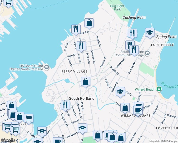 map of restaurants, bars, coffee shops, grocery stores, and more near 187 Stanford Street in South Portland