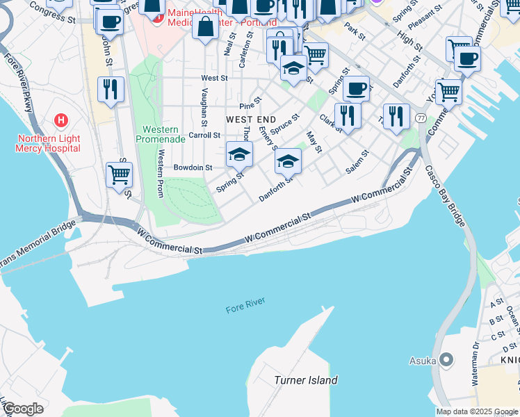 map of restaurants, bars, coffee shops, grocery stores, and more near 11 Fletcher Street in Portland