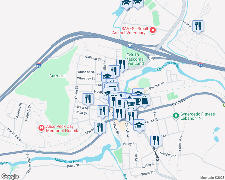 map of restaurants, bars, coffee shops, grocery stores, and more near 87 New Hampshire 120 in Lebanon