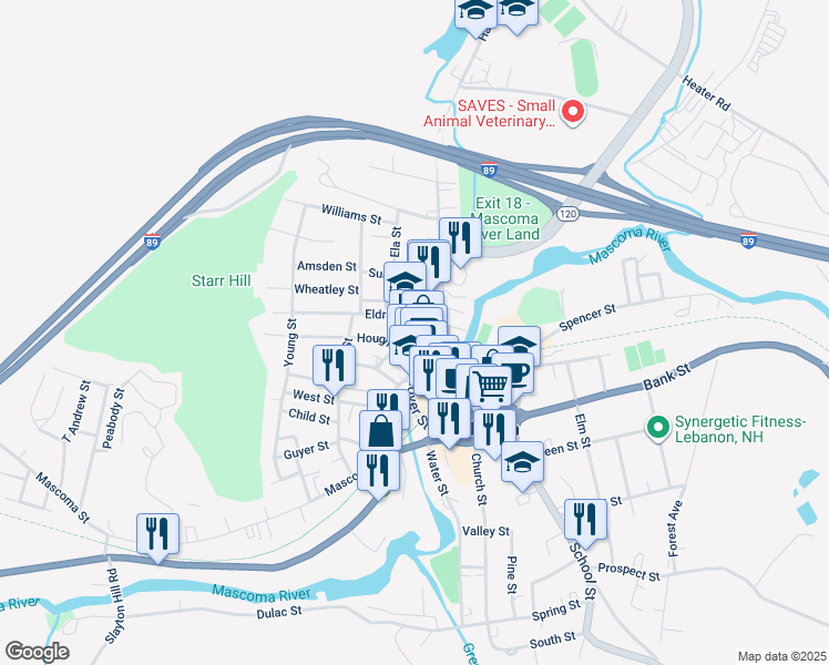 map of restaurants, bars, coffee shops, grocery stores, and more near 15 Eldridge Street in Lebanon